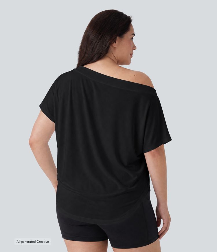 Plus Size One Shoulder Short Sleeve Curved Hem High Low Quick Dry Yoga Sports Top