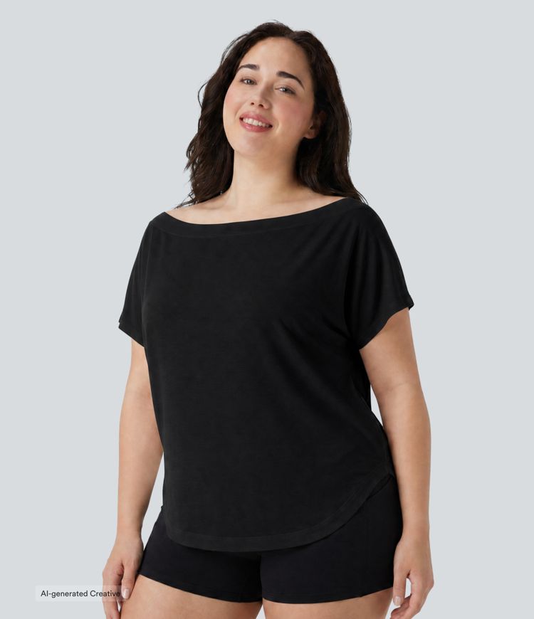 Plus Size One Shoulder Short Sleeve Curved Hem High Low Quick Dry Yoga Sports Top