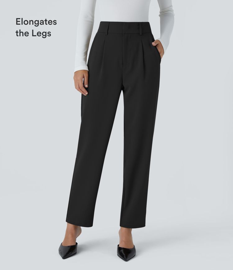High Waisted Pocket Solid Women Suit Work Tapered Pants
