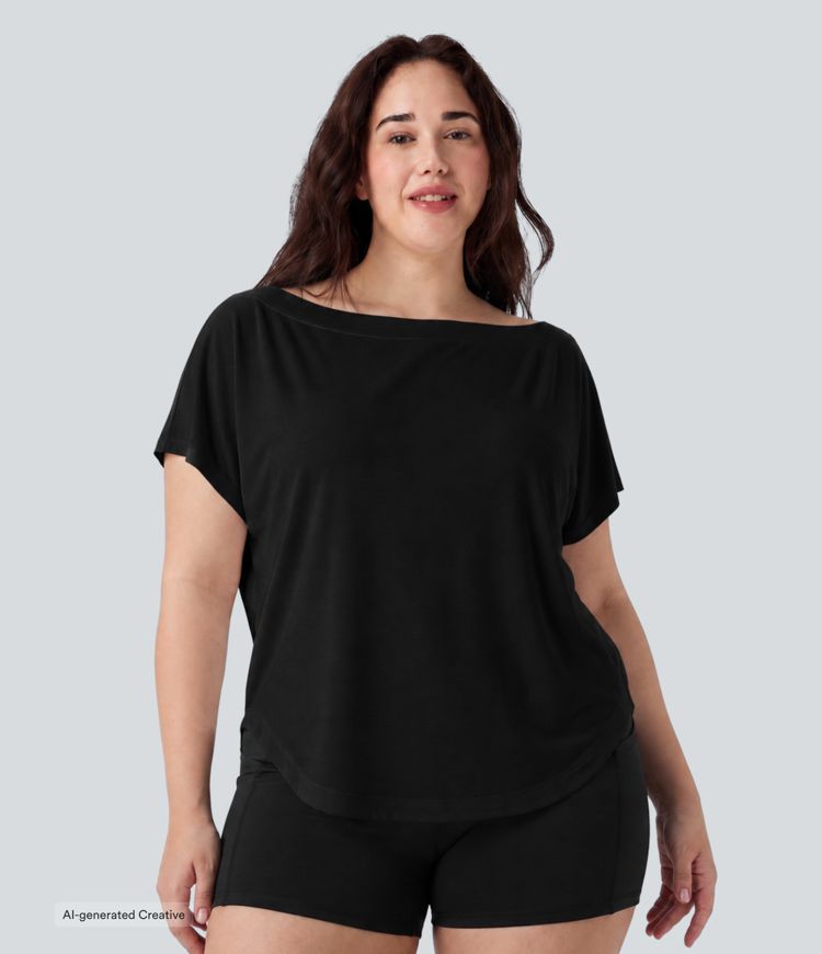 Plus Size One Shoulder Short Sleeve Curved Hem High Low Quick Dry Yoga Sports Top