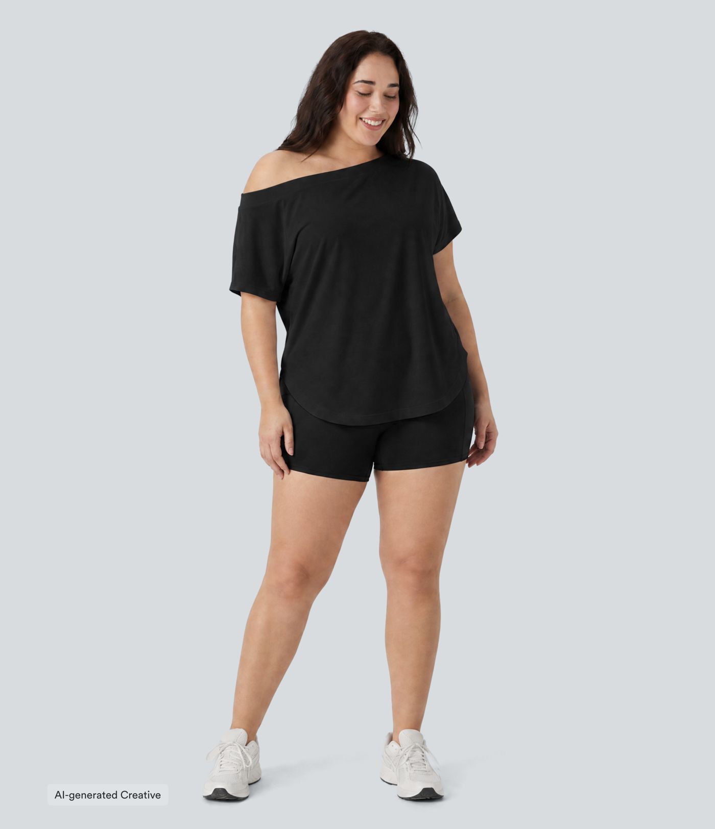 Plus Size One Shoulder Short Sleeve Curved Hem High Low Quick Dry Yoga Sports Top