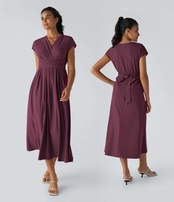 Breezeful™ V Neck Short Sleeve Pocket Tie Back Quick Dry Midi Casual Dress-Longer Length