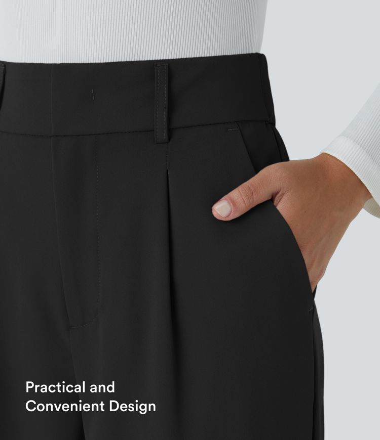 High Waisted Pocket Solid Women Suit Work Tapered Pants