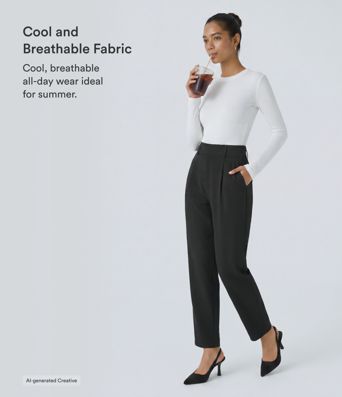 High Waisted Pocket Solid Women Suit Work Tapered Pants