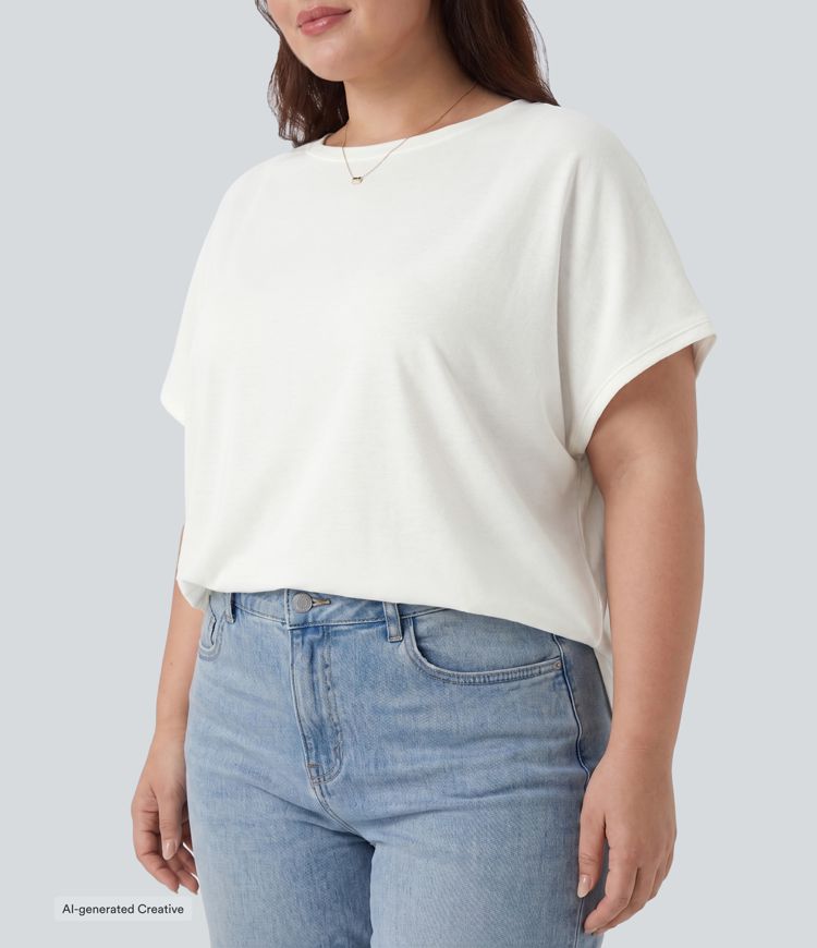 Plus Size Round Neck Batwing Sleeve Relaxed Casual T-Shirt