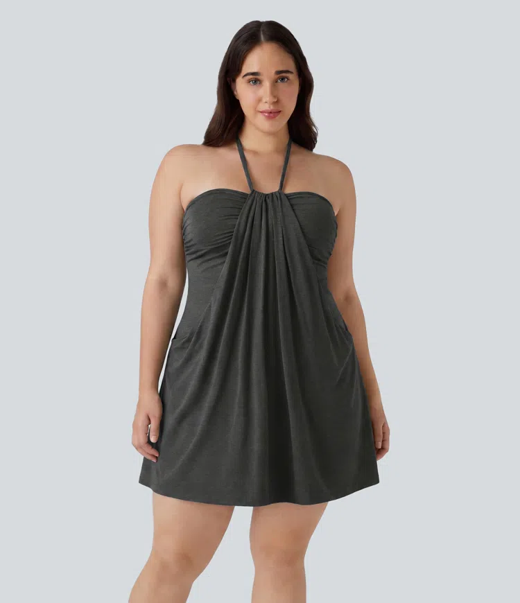 Mottled Light Grey Vestido mini estilo resort talla grande con escote halter anudable en la espalda y bolsillos / 1