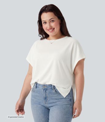 Plus Size Round Neck Batwing Sleeve Relaxed Casual T-Shirt
