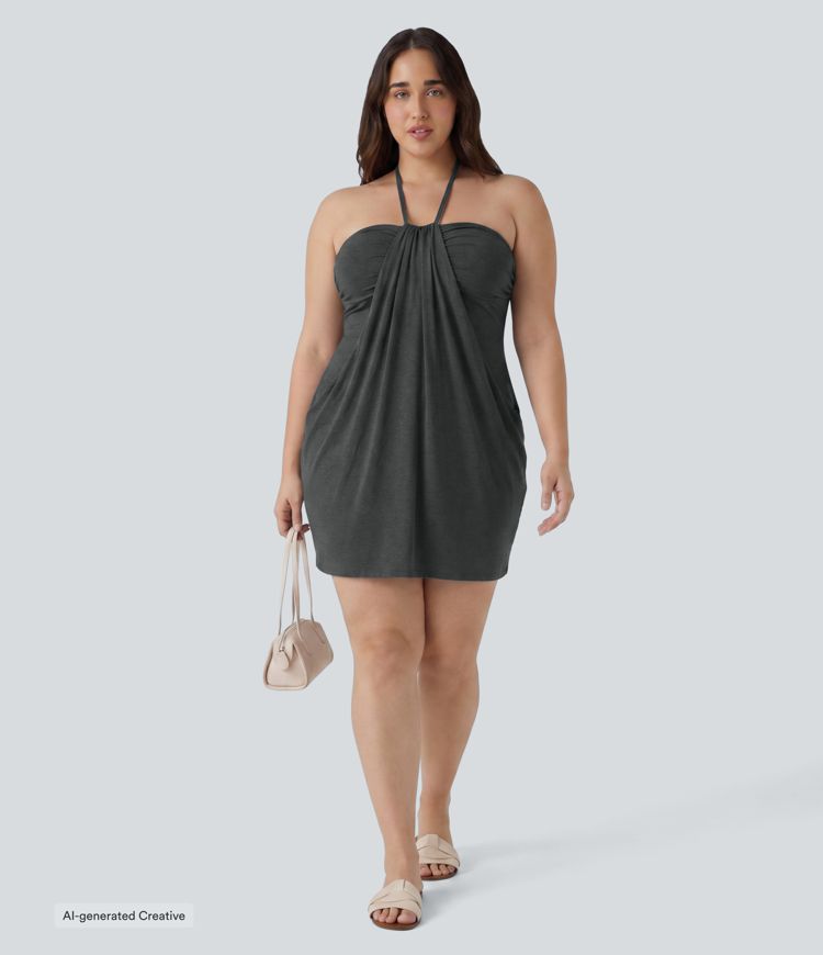 Plus Size Halter Tie Back Mini Resort Dress with Pockets
