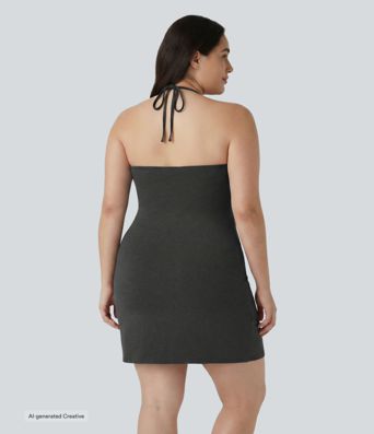 Plus Size Halter Tie Back Mini Resort Dress with Pockets