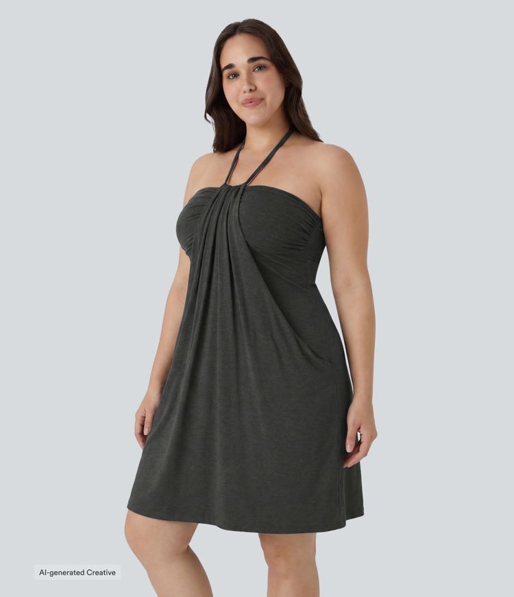 Plus Size Halter Tie Back Mini Resort Dress with Pockets