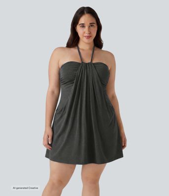Plus Size Halter Tie Back Mini Resort Dress with Pockets