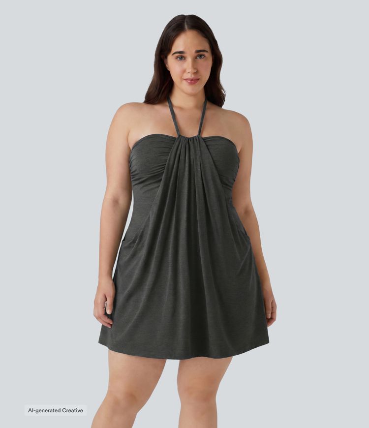 Plus Size Halter Tie Back Mini Resort Dress with Pockets