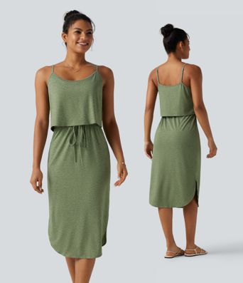 Drawstring Curved Split Hem Midi Casual Slip Dress Drawstring Curved Split Hem Midi Casual Slip Dress