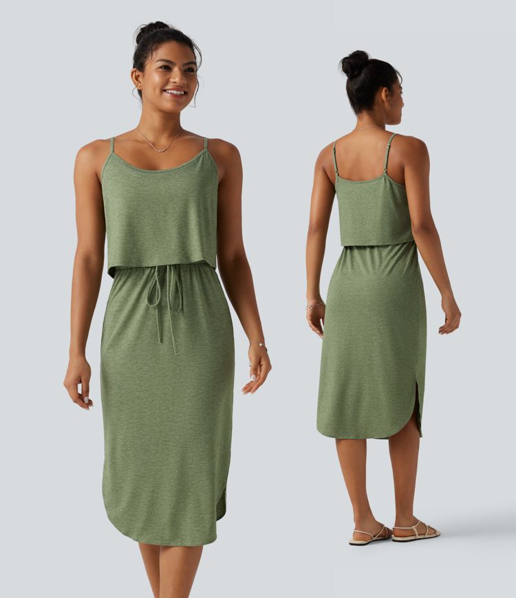 Drawstring Curved Split Hem Midi Casual Slip Dress Drawstring Curved Split Hem Midi Casual Slip Dress