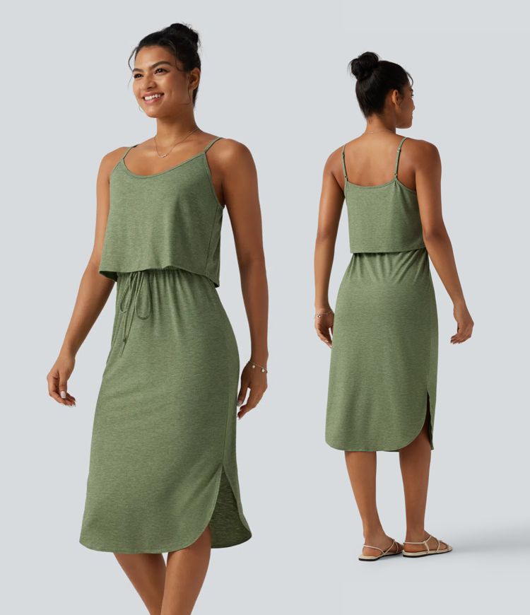 Drawstring Curved Split Hem Midi Casual Slip Dress Drawstring Curved Split Hem Midi Casual Slip Dress
