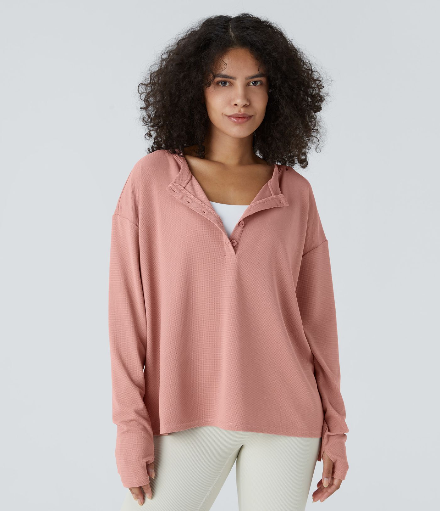 Sweatshirt Casual Waffle à Boutons Devant avec Trou Pouce et Fente