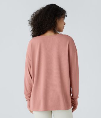 Sweatshirt Casual Waffle à Boutons Devant avec Trou Pouce et Fente