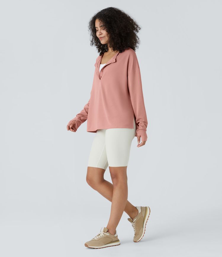 Sweatshirt Casual Waffle à Boutons Devant avec Trou Pouce et Fente
