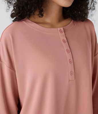 Sweatshirt Casual Waffle à Boutons Devant avec Trou Pouce et Fente