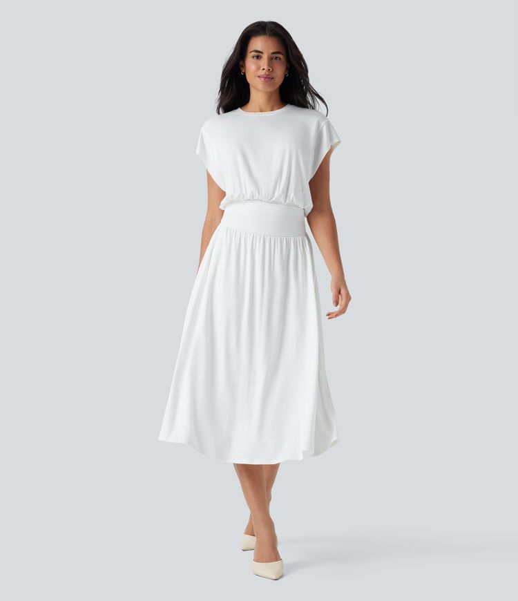 Tummy Control Batwing Sleeve Flowy Midi Work Dress with Pockets Tummy Control Batwing Sleeve Flowy Midi Work Dress with Pockets