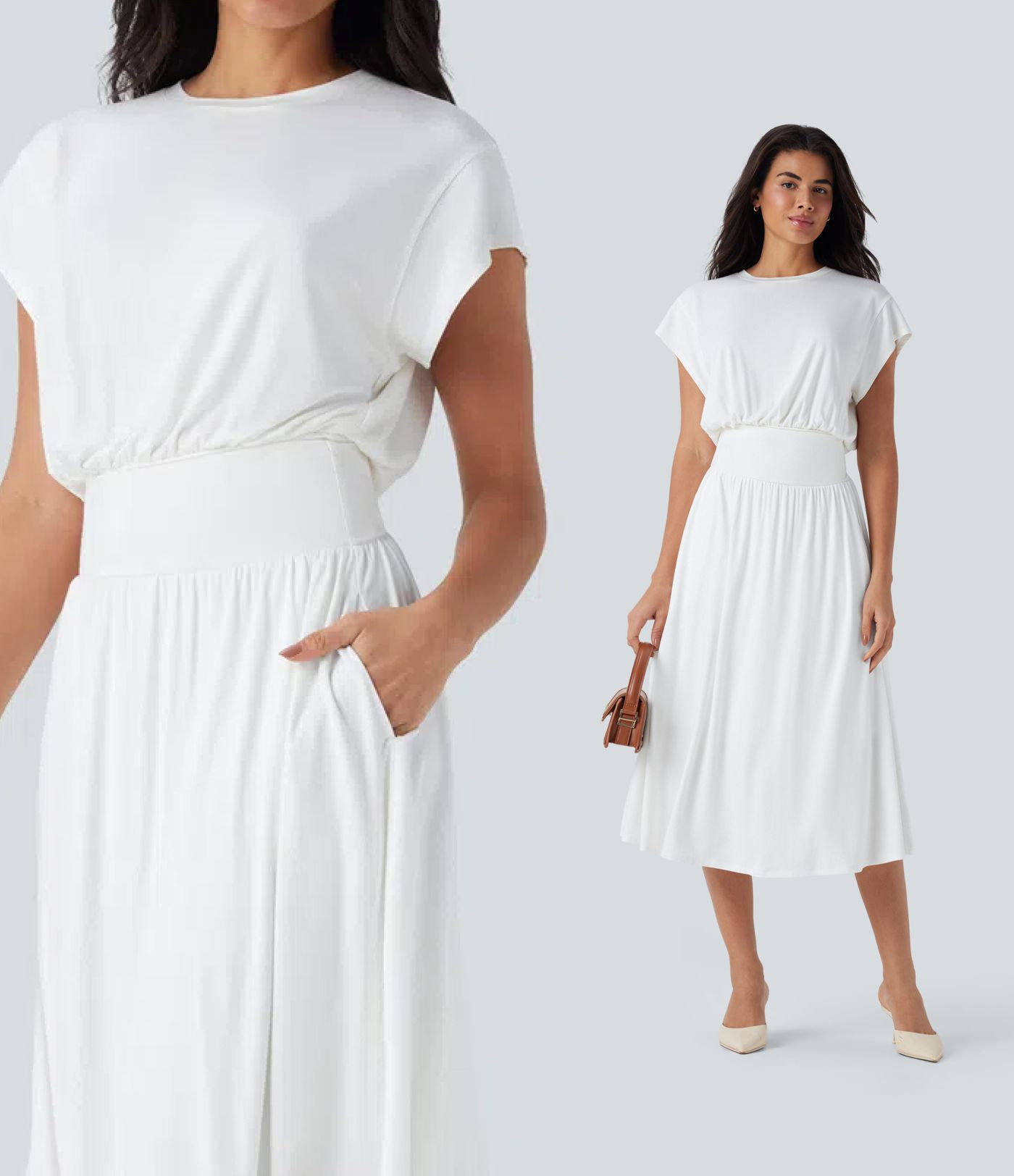 Tummy Control Batwing Sleeve Flowy Midi Work Dress with Pockets Tummy Control Batwing Sleeve Flowy Midi Work Dress with Pockets