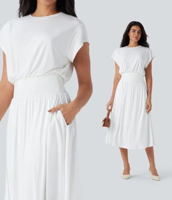 Tummy Control Batwing Sleeve Flowy Midi Work Dress with Pockets Tummy Control Batwing Sleeve Flowy Midi Work Dress with Pockets