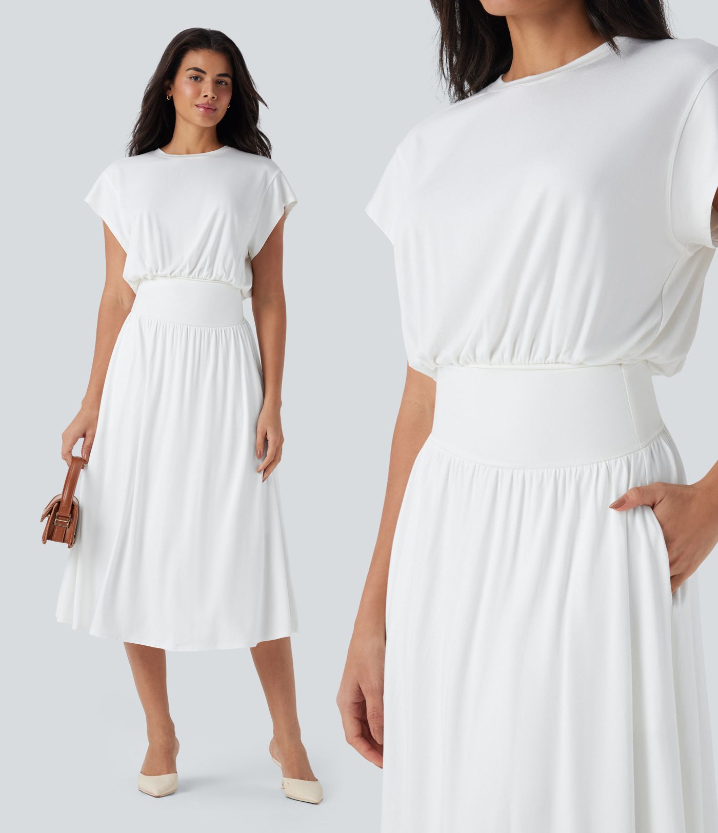 Tummy Control Batwing Sleeve Flowy Midi Work Dress with Pockets Tummy Control Batwing Sleeve Flowy Midi Work Dress with Pockets