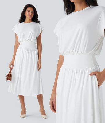 Tummy Control Batwing Sleeve Flowy Midi Work Dress with Pockets Tummy Control Batwing Sleeve Flowy Midi Work Dress with Pockets