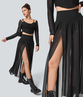 High Waisted Split 2-in-1 Mesh Flowy Maxi Casual Skirt
