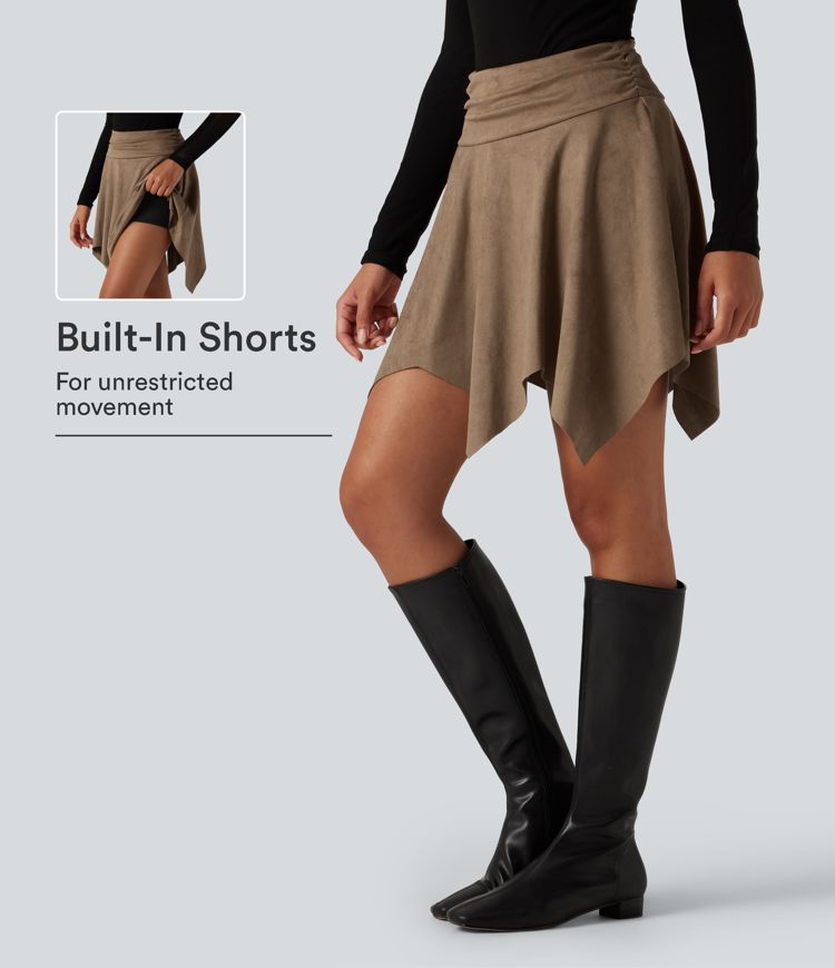High Waisted Ruched Asymmetric A Line 2-in-1 Mini Casual Skirt High Waisted Ruched Asymmetric A Line 2-in-1 Mini Casual Skirt