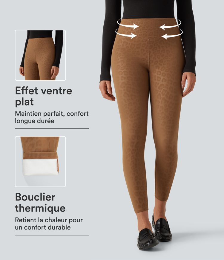 Legging taille haute gainant en simili stretch imprimé léopard doublé polaire avec poches Legging taille haute gainant en simili stretch imprimé léopard doublé polaire avec poches