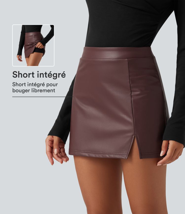 Jupe-short mini taille haute en simili avec doublure polaire Jupe-short mini taille haute en simili avec doublure polaire