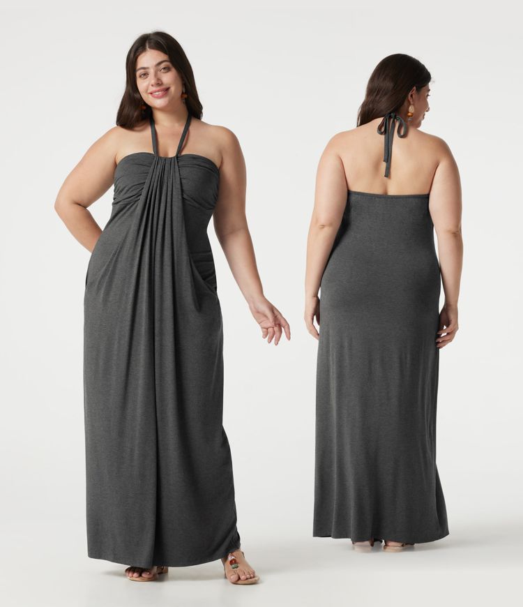 Vestido maxi talla grande estilo halter con lazada en la espalda, sujetador incorporado y bolsillos