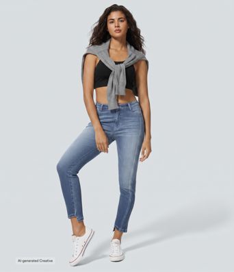 Halara Flex™ Skinny-Jeans aus elastischem Denim im 5-Pocket-Style mit mittelhohem Bund und Knöpfe-Reißverschluss