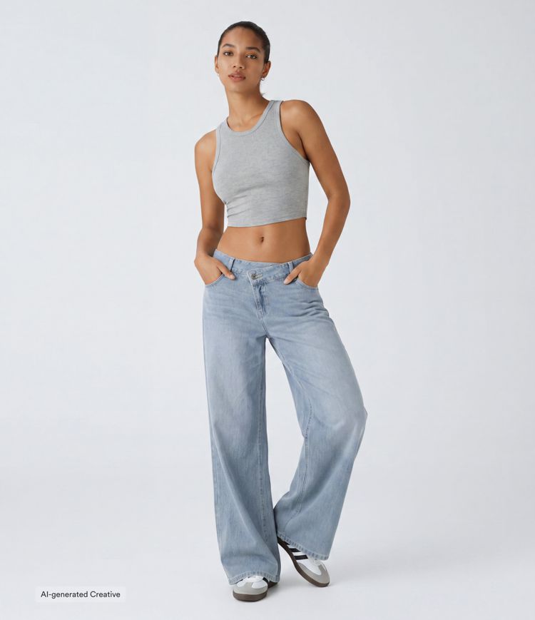Halara Flex™ Asymmetric Low Rise Zipper Pockets Baggy Wide Leg Washed Casual Jeans Halara Flex™ Asymmetric Low Rise Zipper Pockets Baggy Wide Leg Washed Casual Jeans