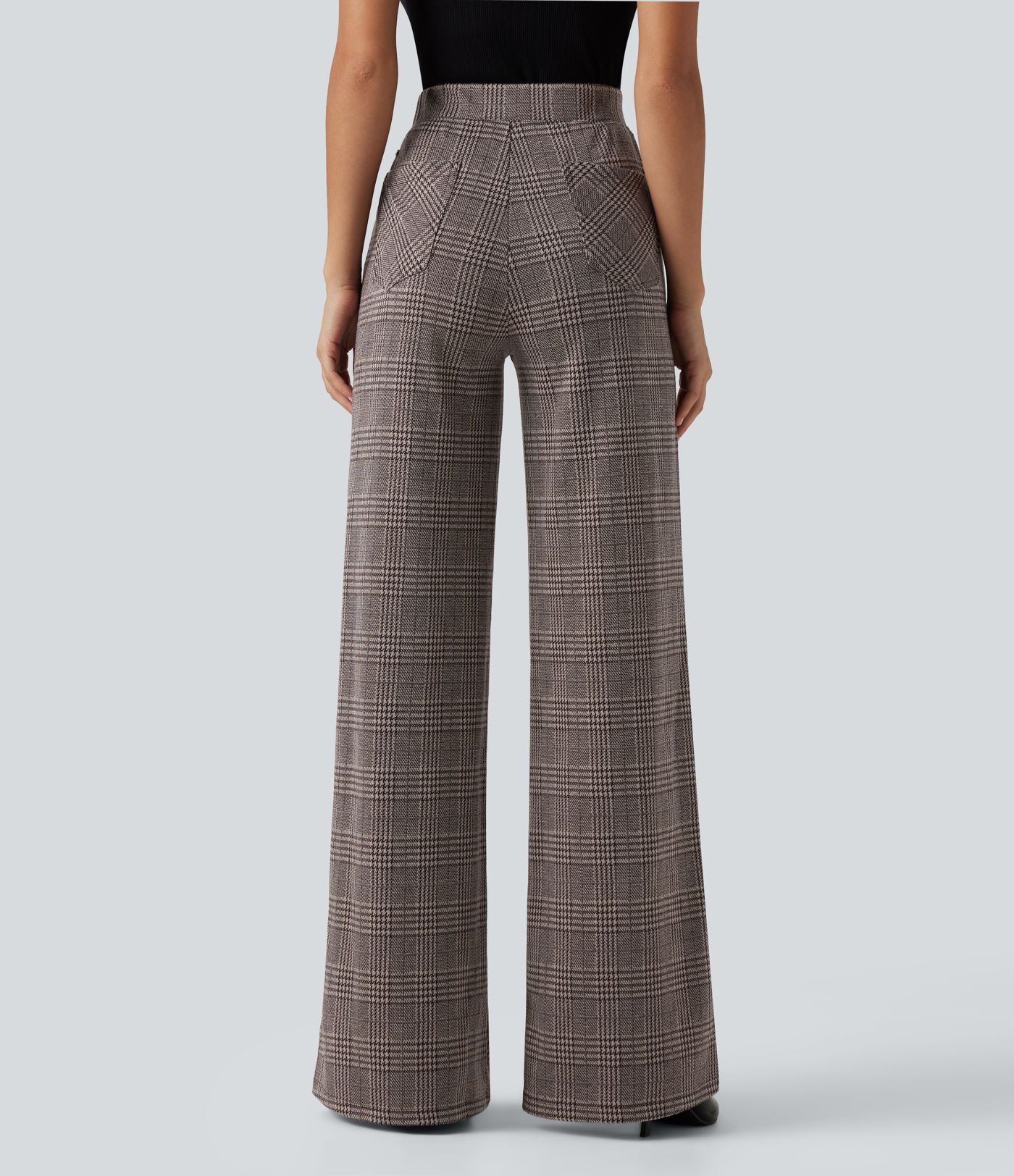 Pantalon large taille haute à carreaux avec poches Pantalon large taille haute à carreaux avec poches