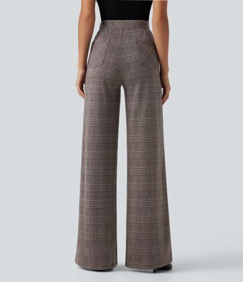 Pantalon large taille haute à carreaux avec poches Pantalon large taille haute à carreaux avec poches