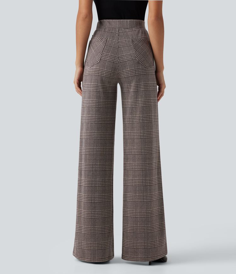 Pantalon large taille haute à carreaux avec poches Pantalon large taille haute à carreaux avec poches