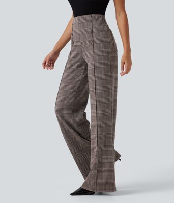 Pantalon large taille haute à carreaux avec poches Pantalon large taille haute à carreaux avec poches