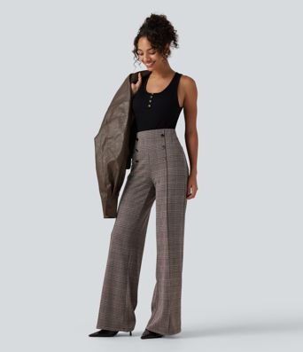 Pantalon large taille haute à carreaux avec poches Pantalon large taille haute à carreaux avec poches