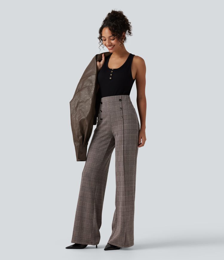 Pantalon large taille haute à carreaux avec poches Pantalon large taille haute à carreaux avec poches