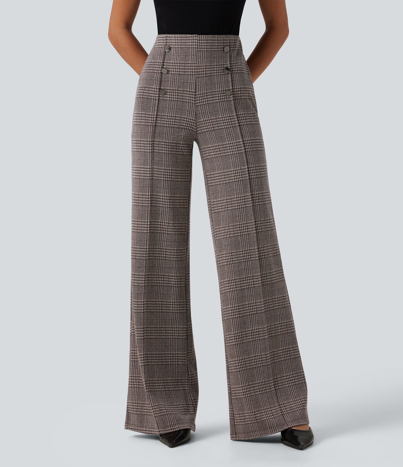 Pantalon large taille haute à carreaux avec poches Pantalon large taille haute à carreaux avec poches