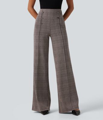 Pantalon large taille haute à carreaux avec poches Pantalon large taille haute à carreaux avec poches