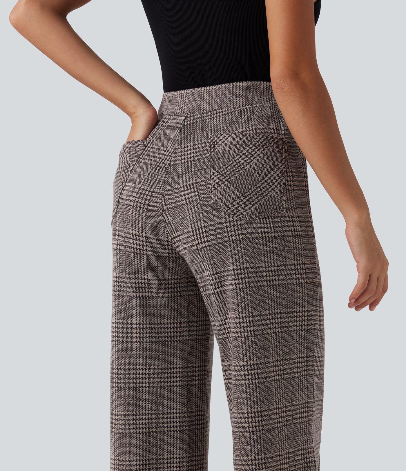 Pantalon large taille haute à carreaux avec poches Pantalon large taille haute à carreaux avec poches