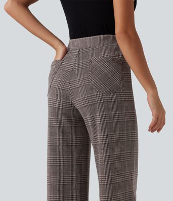Pantalon large taille haute à carreaux avec poches Pantalon large taille haute à carreaux avec poches