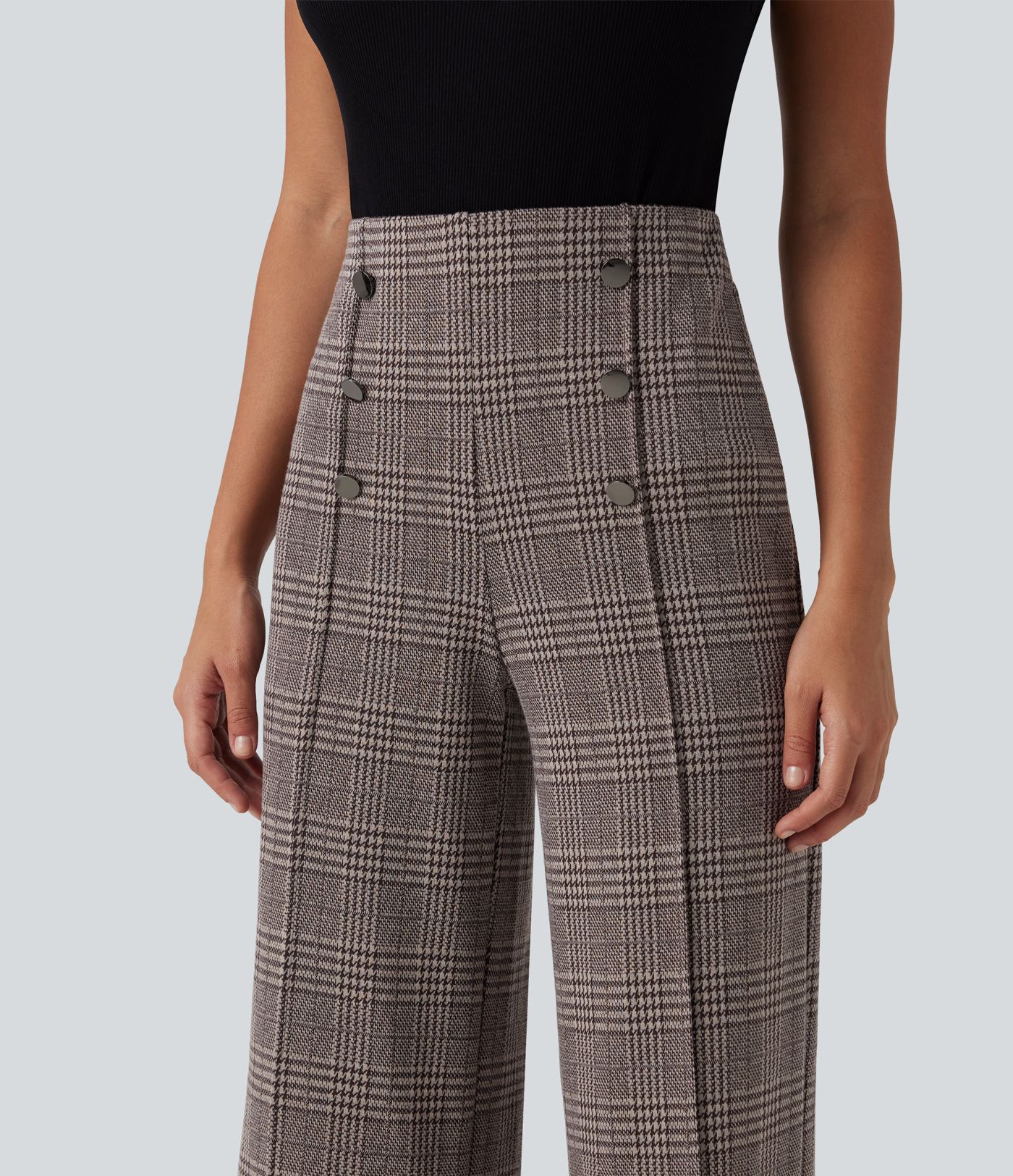 Pantalon large taille haute à carreaux avec poches Pantalon large taille haute à carreaux avec poches