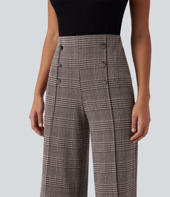 Pantalon large taille haute à carreaux avec poches Pantalon large taille haute à carreaux avec poches