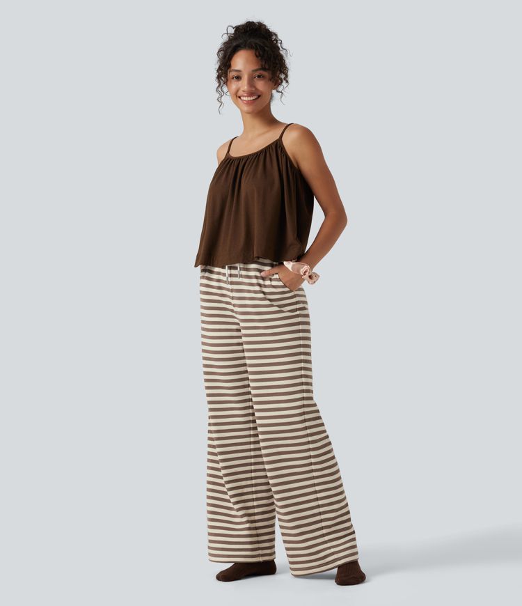Mid Rise Drawstring Stripe Wide Leg Lounging Sweatpants with Pockets Mid Rise Drawstring Stripe Wide Leg Lounging Sweatpants with Pockets