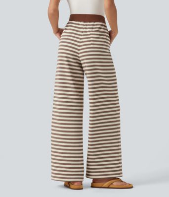 Mid Rise Drawstring Stripe Wide Leg Lounging Sweatpants with Pockets Mid Rise Drawstring Stripe Wide Leg Lounging Sweatpants with Pockets