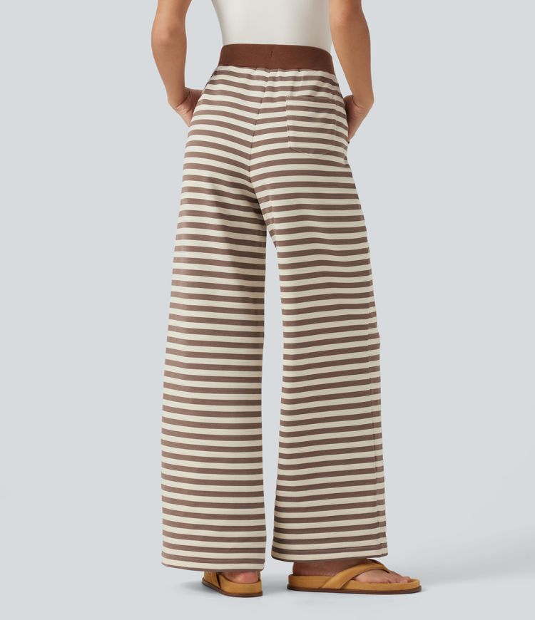 Mid Rise Drawstring Stripe Wide Leg Lounging Sweatpants with Pockets Mid Rise Drawstring Stripe Wide Leg Lounging Sweatpants with Pockets